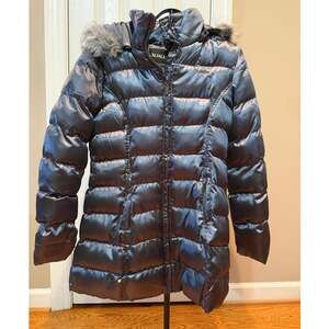 Y2K XOXO Long Puffer Coat XL Metallic Navy Blue Faux Fur Hood Winter Parka